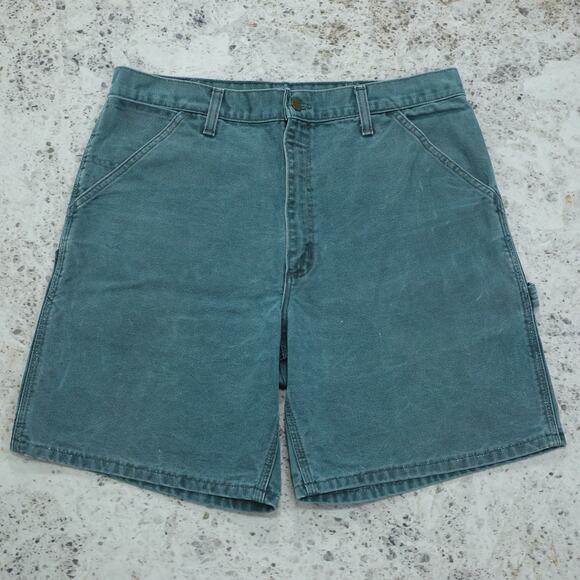 RARE Vintage Carhartt B24 HTG Hunter Green - Blue Carpenter Shorts 34x7.5 - Picture 2 of 13
